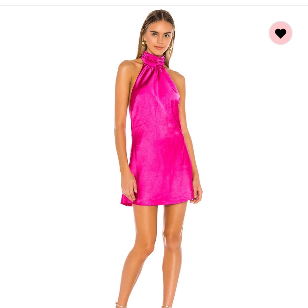 Lovers and Friends Hayes Mini Dress Hot Pink Satin Silk High Neck Dress